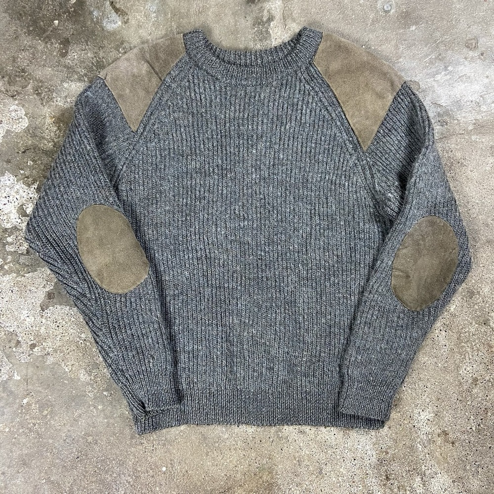 Vintage Wool Overs Heavyweight Field Sweater Size Large Gray Wool Suede Patch